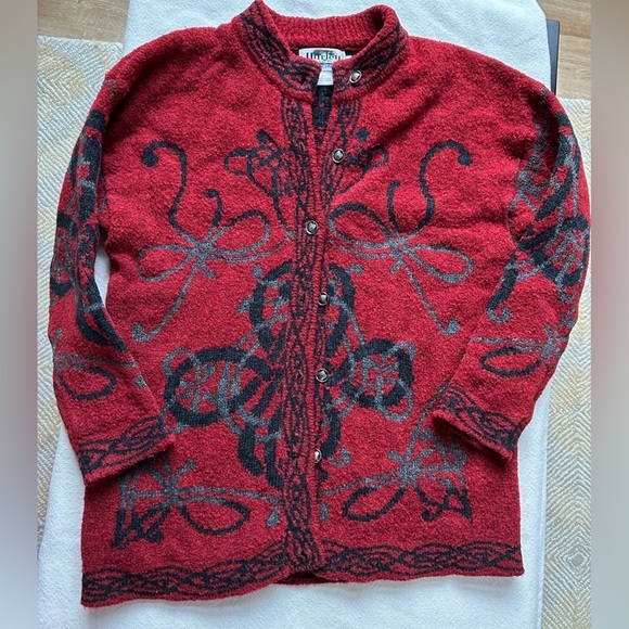 Hurley of Scotland brand red holiday merino wool cardigan - Picture 1 of 9
